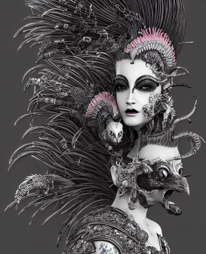 Image similar to 3 d goddess close - up profile portrait punk with mohawk with ram skull. beautiful intricately detailed japanese crow kitsune mask and clasical japanese kimono. betta fish, jellyfish phoenix, bio luminescent, plasma, ice, water, wind, creature, artwork by tooth wu and wlop and beeple and greg rutkowski