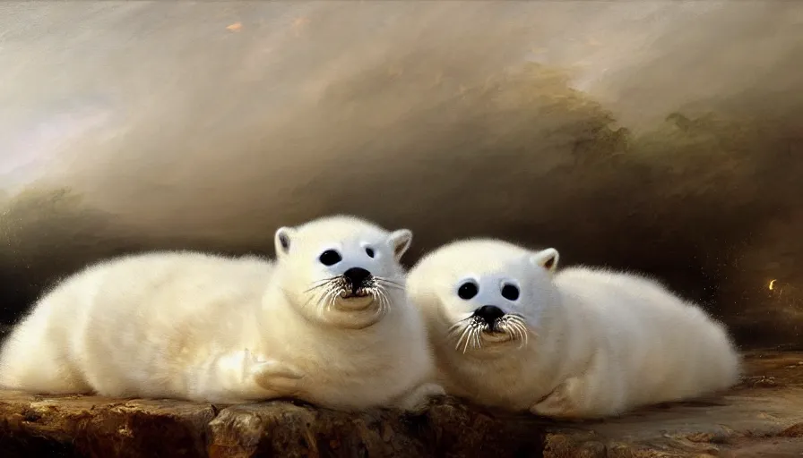 Image similar to highly detailed painting of cute furry white baby seals on a compact japanese drift car by william turner, by greg rutkowski, by william constable, thick brush strokes and visible paint layers, 4 k resolution