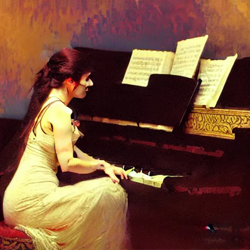 Image similar to cat, playing piano, painting by gaston bussiere, craig mullins, greg rutkowski, alphonse mucha