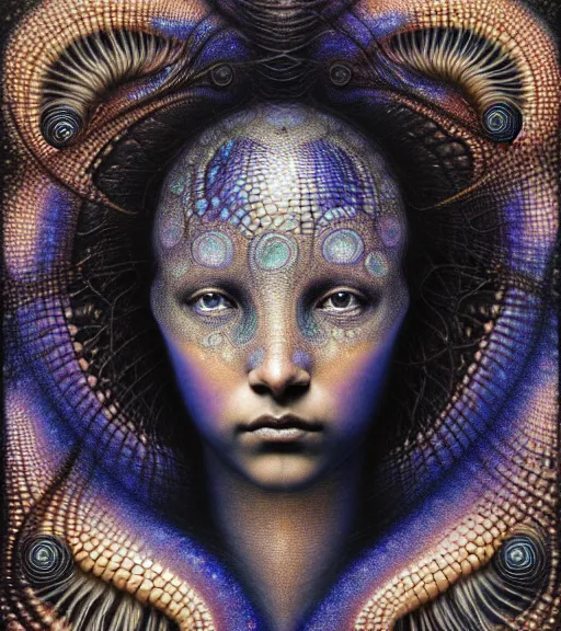 Image similar to detailed realistic beautiful black opal goddess face portrait by jean delville, gustave dore, iris van herpen and marco mazzoni, art forms of nature by ernst haeckel, art nouveau, symbolist, visionary, gothic, neo - gothic, pre - raphaelite, fractal lace, intricate alien botanicals, biodiversity, surreality, hyperdetailed ultrasharp octane render