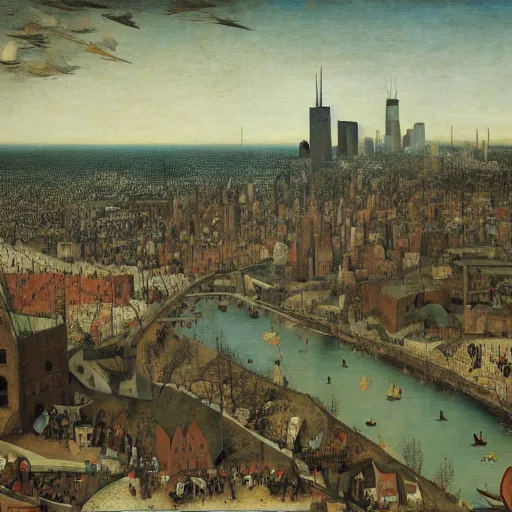 Image similar to chicago cityscape painted by pieter bruegel, detailed, intricate