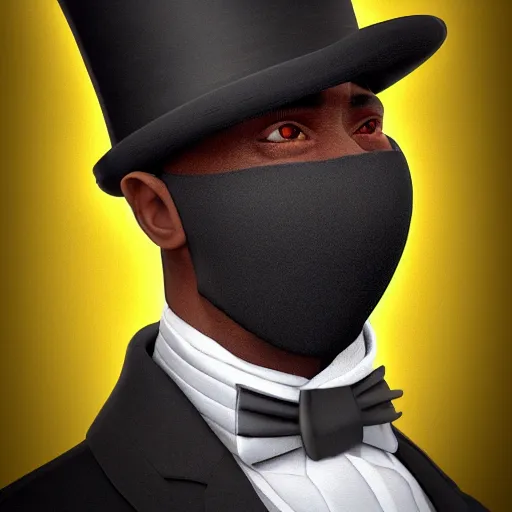 Image similar to a highly detailed portrait of a man in a high top hat covering his face, in a black tailcoat with a yellow waistcoat under the tailcoat, artstation, deviantart, professional, unreal engine 5, photorealistic