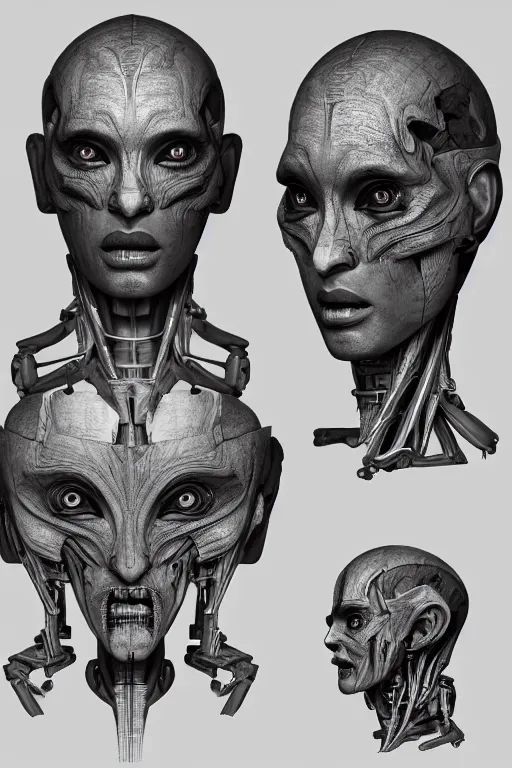 Image similar to andriod orisha god with gunmetal grey skin, medical anatomy, very symmetrical face, highly detailed, japanese mecha, three - perspective / three - view reference sheet ( front / back / side ), in the style of dan ouellette, dren from splice, hr giger, sil from species, artstation, unreal engine