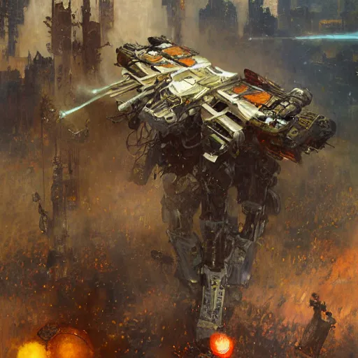 Image similar to six meters tall mech fighting in an urban environment, epic action scene, by gaston bussiere craig mullins jc leyendecker gustav klimt artgerm greg rutkowski john berkey, bergey, craig mullins, ruan jia, raymond swanland, jeremy mann, tom lovell, alex malveda, raytracing