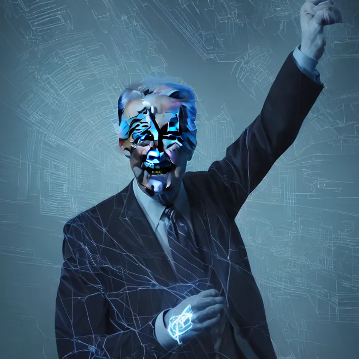 Image similar to portrait of joe biden as a glowing eyed dark wizard saving democracy in washington dc. intricate abstract. intricate artwork. by tooth wu, wlop, beeple, dan mumford. octane render, trending on artstation, greg rutkowski very coherent symmetrical artwork. cinematic, hyper realism, high detail, octane render, 8 k, iridescent accents