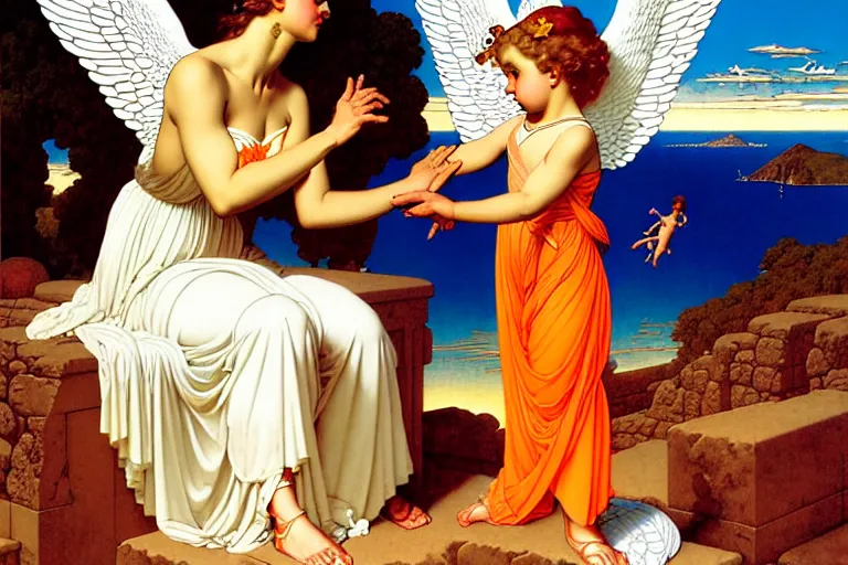 Prompt: a beautiful greek angel helping a young child by dan mumford and alberto vargas and josan gonzalez and gil elvgren and william etty and norman rockwell, vibrant, white outfit, highly detailed, intricate, orange details, blue sky, robot child!