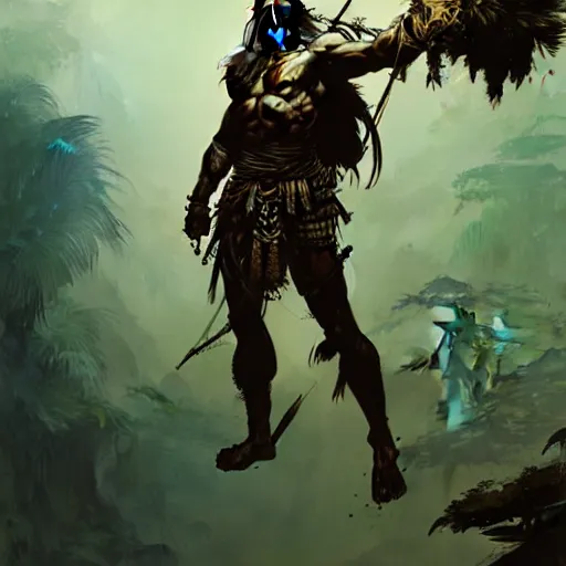 Prompt: ancient warrior in the jungle looking for a golden city by Akihito Yoshitomi AND Yoji Shinkawa AND Greg Rutkowski, Mark Arian trending on artstation