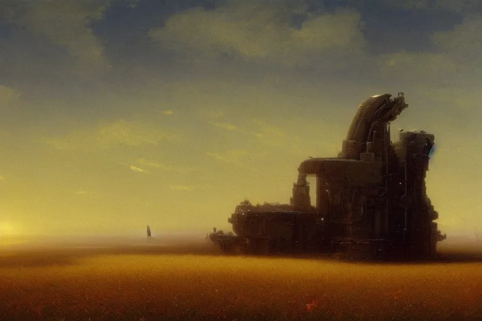 Image similar to sci-fi painting of the closed back view of one humanoid robot on the ground, a large distant alien city, vast wheat fields, by Ivan Aivazovsky, godrays, atmospheric, cinematic, detailed