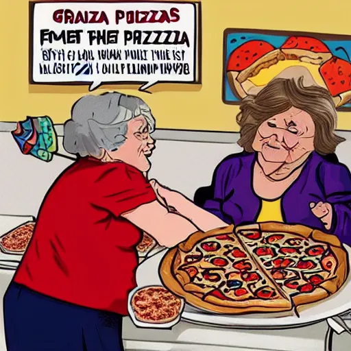 Prompt: grandmas fighting over who can eat the pizza