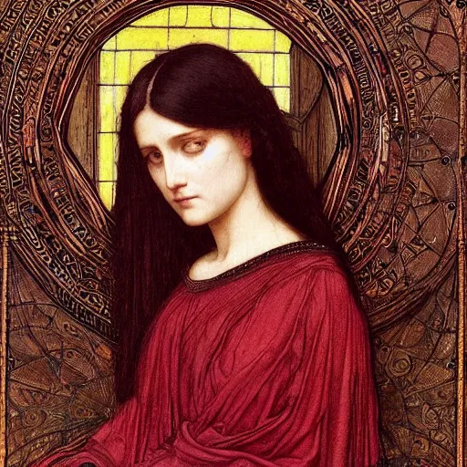 Prompt: Symmetric Pre-Raphaelite painting of a beautiful mystic woman with dark hair in a very detailed silk dark red dress by John William Waterhouse, zoomed out, surrounded by a dark gothic frame of highly detailed mathematical drawings of neural networks and geometry by Doré , highly detailed mathematical drawings of geometry by Giger