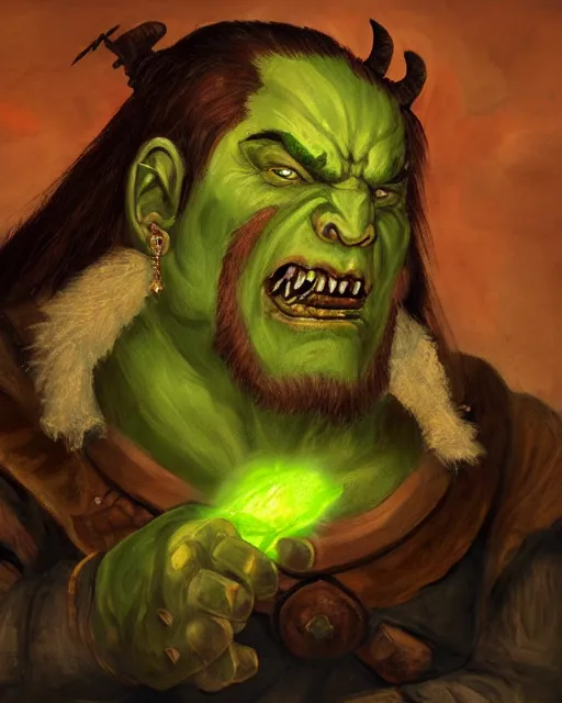 Image similar to a renaissance style portrait painting of a world of warcraft orc, garrosh hellscream, holding green fire. top left warm lighting