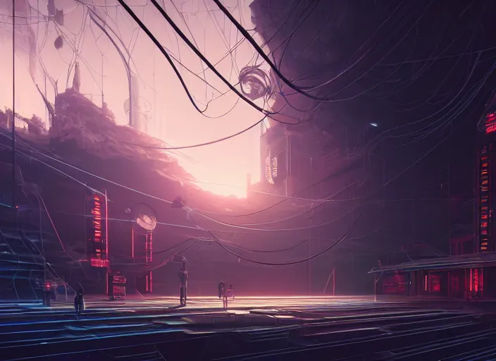 Image similar to exterior of scifi temple, machines, architecture, cult of artificial intelligence, ultra realistic, gaming computers, highly detailed, atmosphere, masterpiece, concept art, glowing wires, transparent objects, cyberpunk, highlighted, 4 k, cinematic, art by patryk olkiewicz and chris ostrowski and liang yao