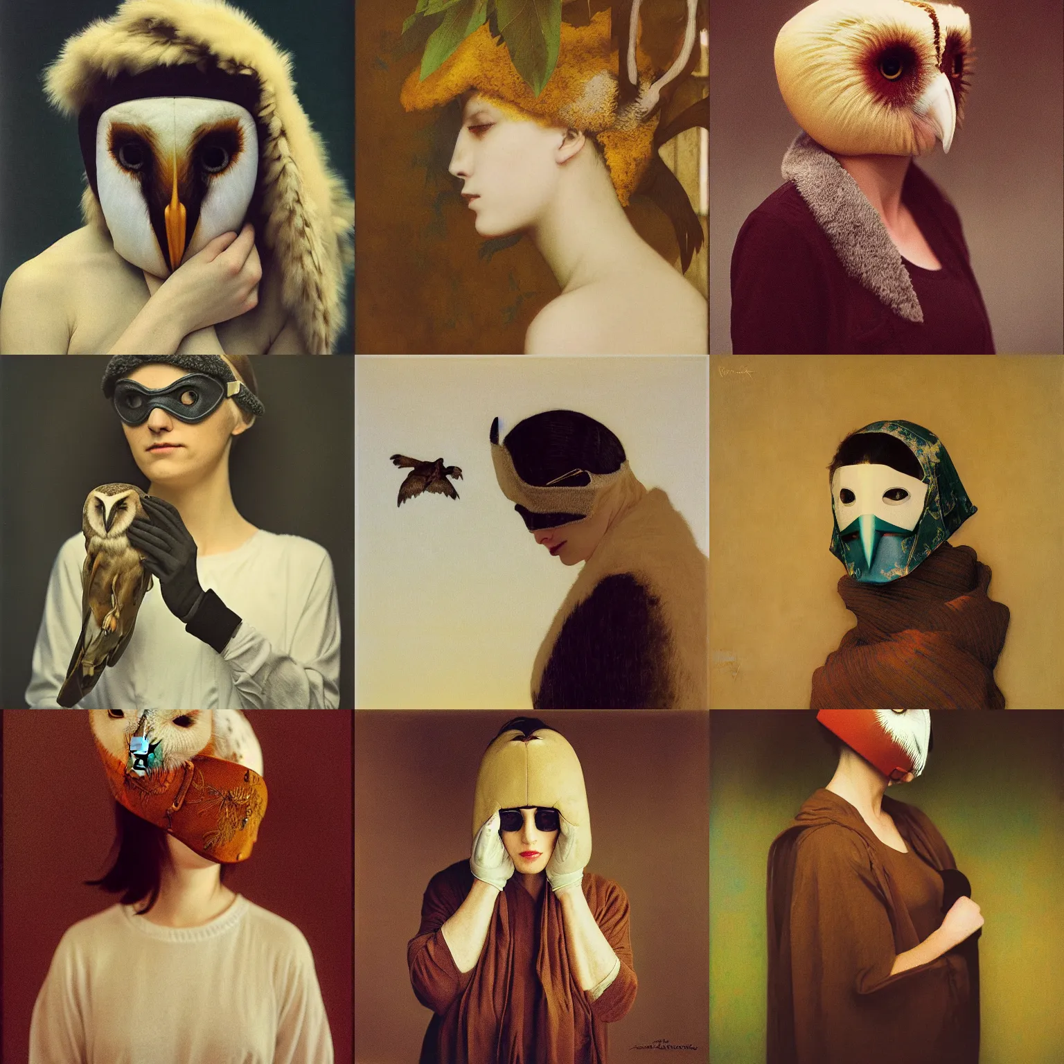 Prompt: kodak portra, 8 k, soft light, clean lines, fine art portrait photography, woman with barn owl face covering head, fashion photography, wearing barn owl mask, maxfield parrish, moebius, james jean, yoji shinkawa, odilon redon, gaston bussiere, eugene grasset, janis rozentals