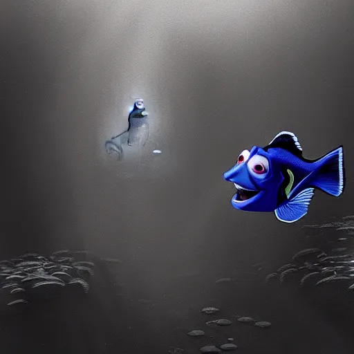 Prompt: evil dory chasing nemo through dark waters, creepy, dark, atmospheric, detailed, photorealistic