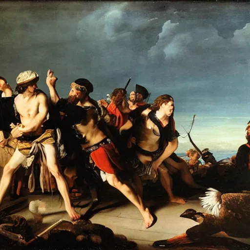Prompt: stout cortez with eagle eyes stared at the pacific and all his men looked at each other with a wild surmise silent, upon a peak in darien, by jean deville, by valentin du boulogne, oil on canvas