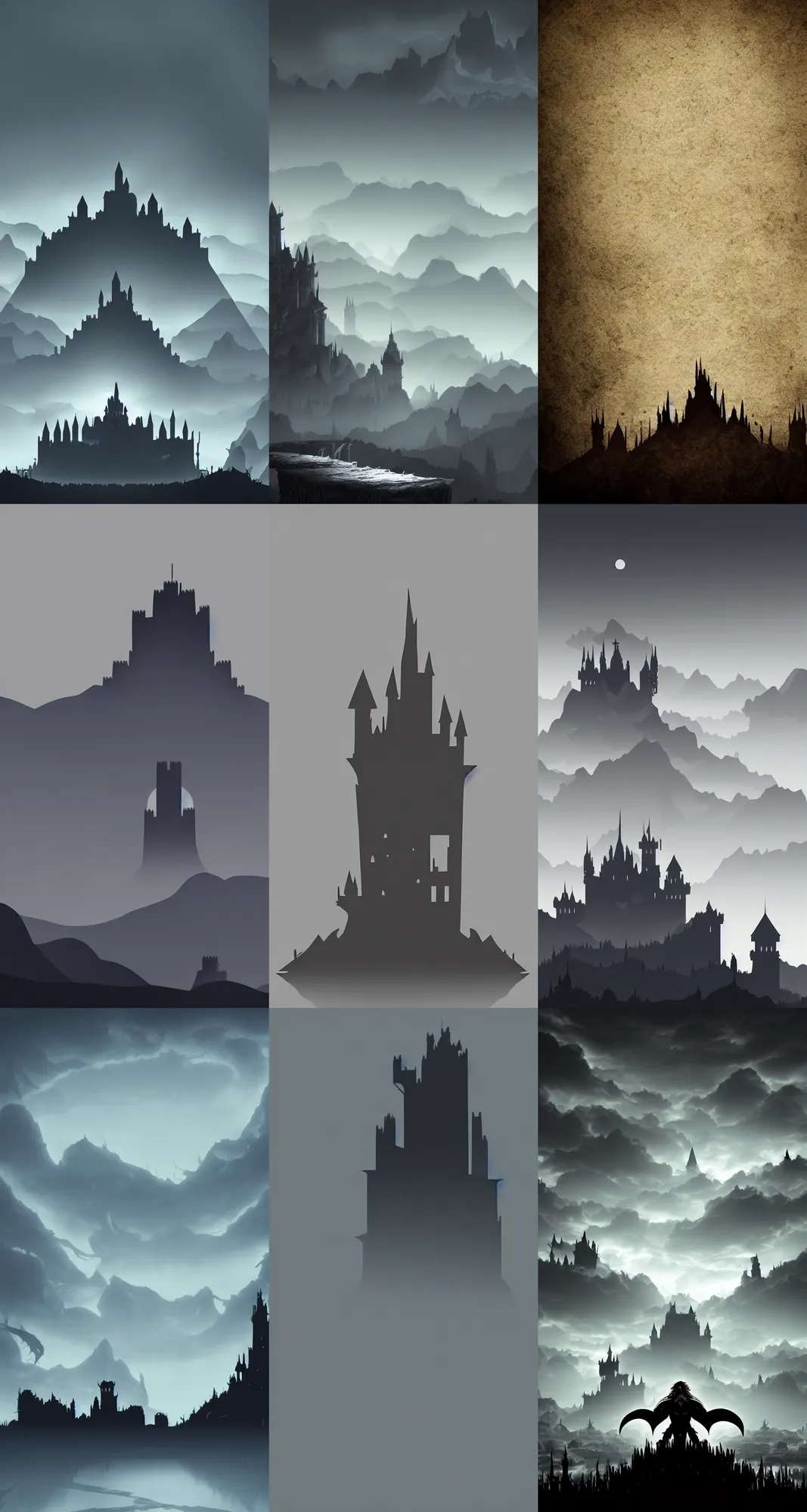 Prompt: castlevania, castle in the horizon, minimalist wallpaper, dark background, desktop background, behance, artstation, deviantart