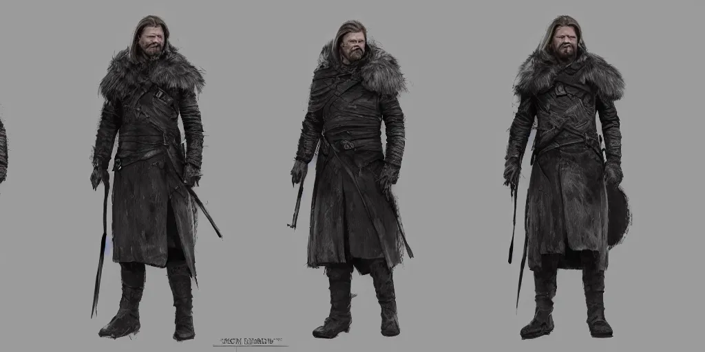 Image similar to ned stark, character sheet, concept design, contrast, hot toys, kim jung gi, greg rutkowski, zabrocki, karlkka, jayison devadas, trending on artstation, 8 k, ultra wide angle, pincushion lens effect