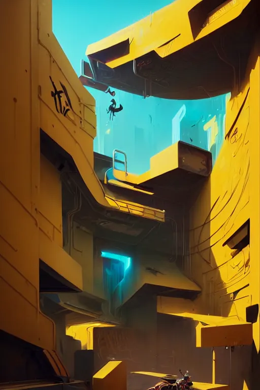 Prompt: matte painting extreme offset 3 d calligraphy graffiti mural wall extreme maximalism by atey ghailan, by greg rutkowski, by greg tocchini, by james gilliard, by joe fenton, yellow, brown, black and cyan color scheme, octane render