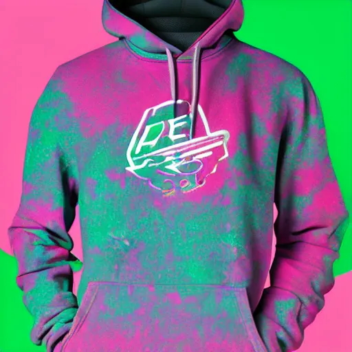 Image similar to product mockup photography of an all over print hoodie in Vaporwave style, 4K high resolution studio photo