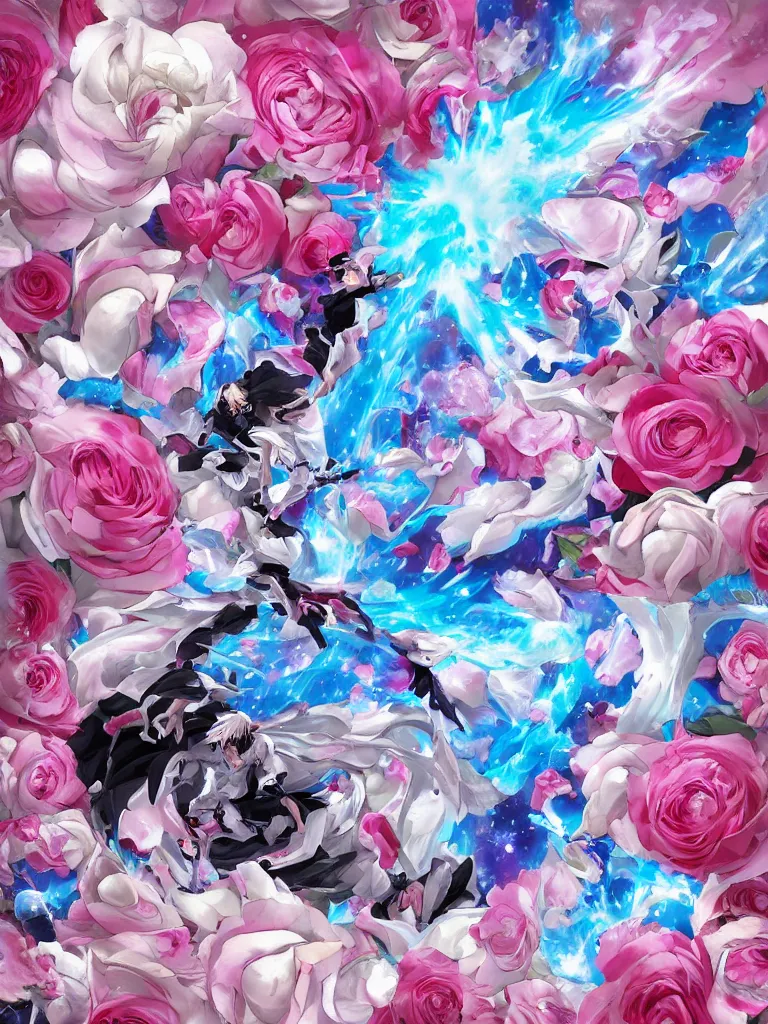 Prompt: hadoken force ball of white and pink roses, flowers exploding and splattering, blue sky, big puffy clouds, spraypaint, totem 2, exploding roses, hodouken, large rose petals, lotus petals, large triangular shapes, studio ghibli anime, radiant lighting, artgerm, manga, trending on artstation, art nouveau, mature colors