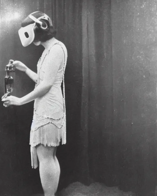 Prompt: 1 9 2 0 s photo of a flapper girl wearing a vr headset on a stage in a speakeasy