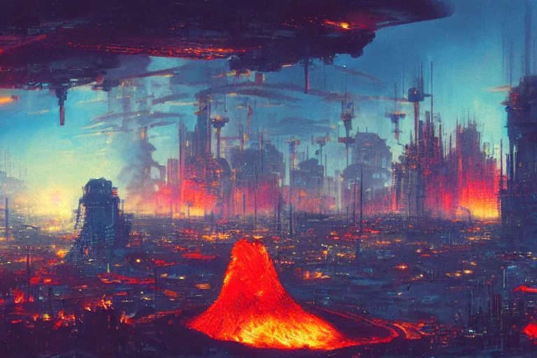 Prompt: a cyberpunk city in the heart of a volcano, lava flowing, smoke, fire, industrial, by paul lehr