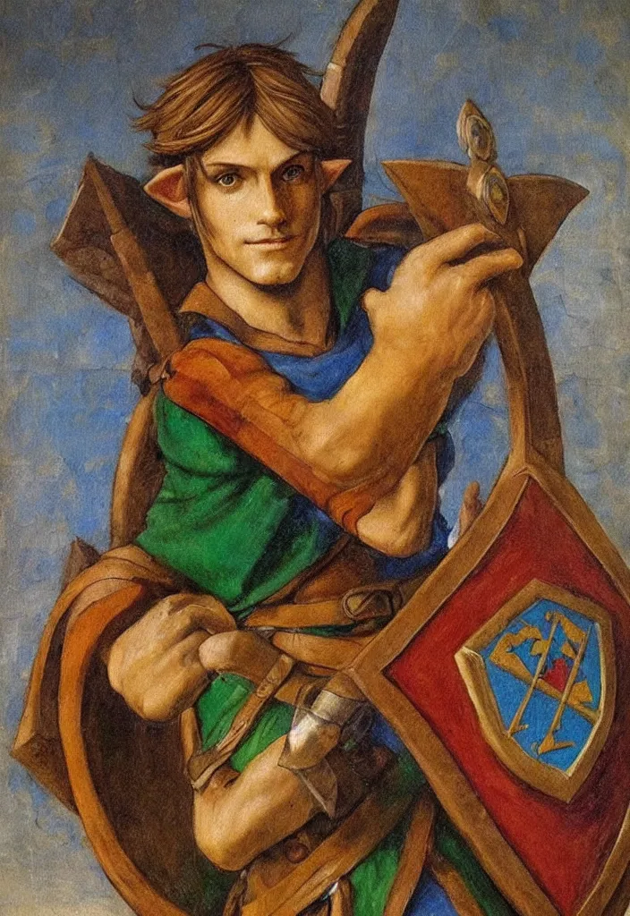 Prompt: oil painting portrait of Link holding an Hyrule shield by Leonardo da Vinci