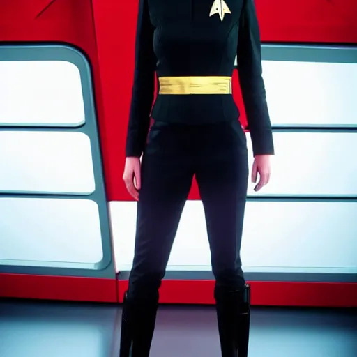 Image similar to a full body photograph of 3 0 year old eva green as a star fleet officer from star trek next generation, extreme realism and detail, 8 k, completely framed, direct lighting, 3 5 mm photo, photorealistic, sharp focus