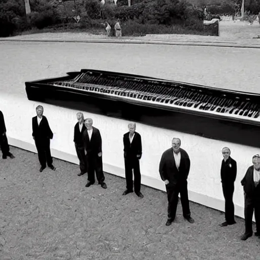 Image similar to the world's longest piano with a group of men standing next to it showing its size.