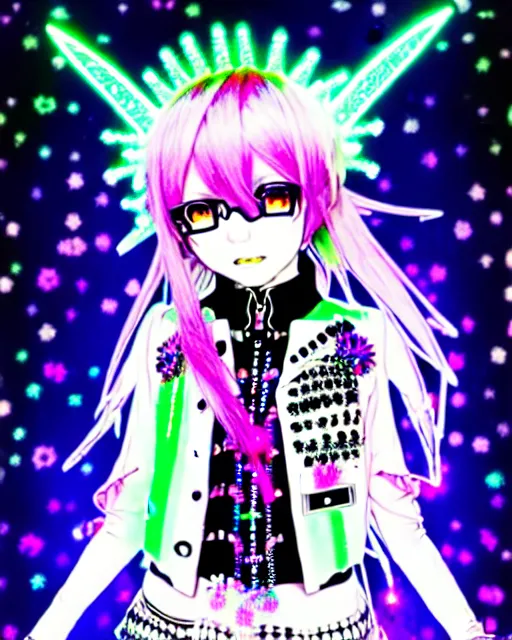 Image similar to a hologram of decora styled yotsuba koiwai wearing a gothic spiked jacket, holography, irridescent, baroque visual kei decora art