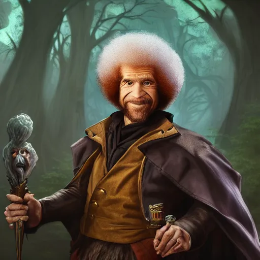 Image similar to a portrait of a Bob Ross as a warlock ,Grim fantasy, D&D, HDR, natural light, shoulder level shot, dynamic pose, award winning photograph, Mucha style 4k,