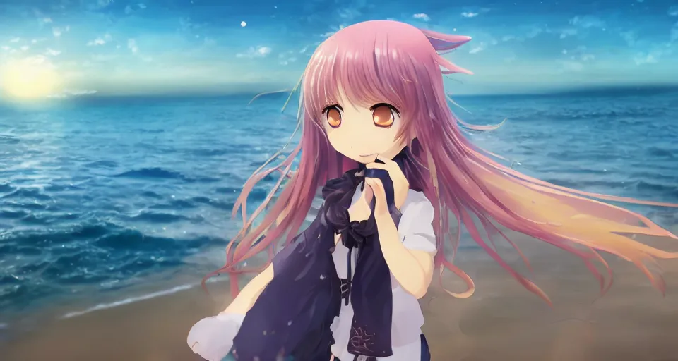 Image similar to one anime girl standing on a pier with the ocean as background at twilight, her blue shiny detailed eyes are looking at the camera, cute, big moon above the water, colorful, magical, detailed face, small nose and mouth, 8k, based on Puella Magi Madoka Magica