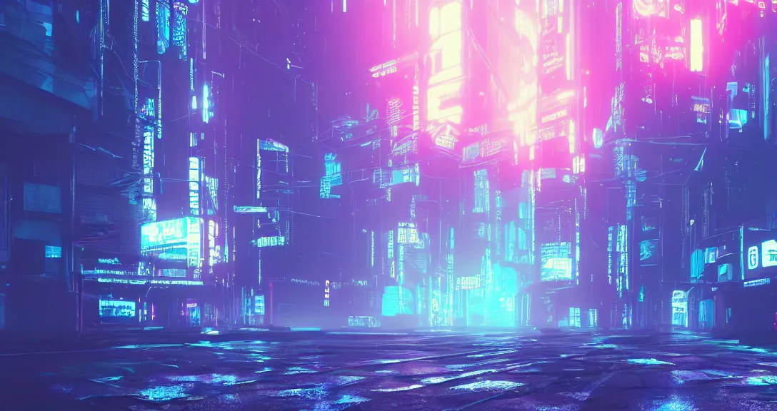 Prompt: alone in cyberpunk, misty, raining, octane render, intricate, trending on artstation, detailed, sad scenery, neon lights, blue, violet,