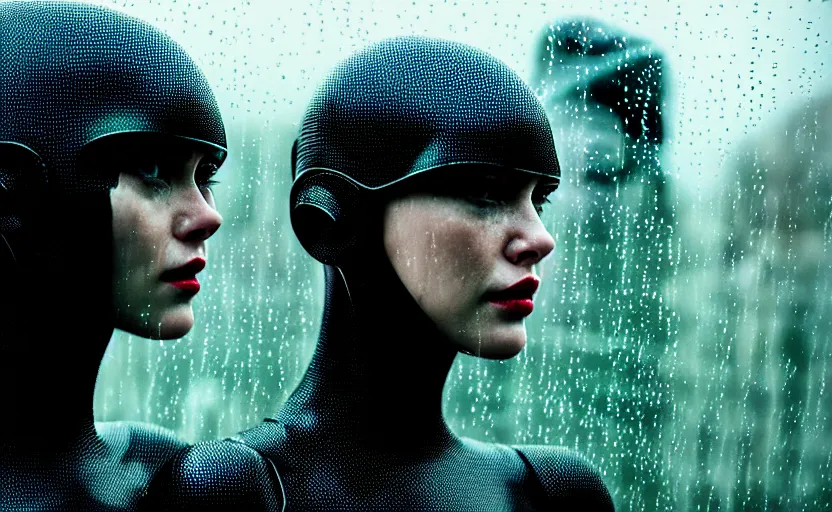 Image similar to cinestill 5 0 d candid photographic portrait by christopher nolan of two loving female androids wearing rugged black mesh techwear in treacherous waters, extreme closeup, modern cyberpunk moody emotional cinematic, pouring rain menacing red spotlight, 8 k, hd, high resolution, 3 5 mm, f / 3 2, ultra realistic faces, ex machina