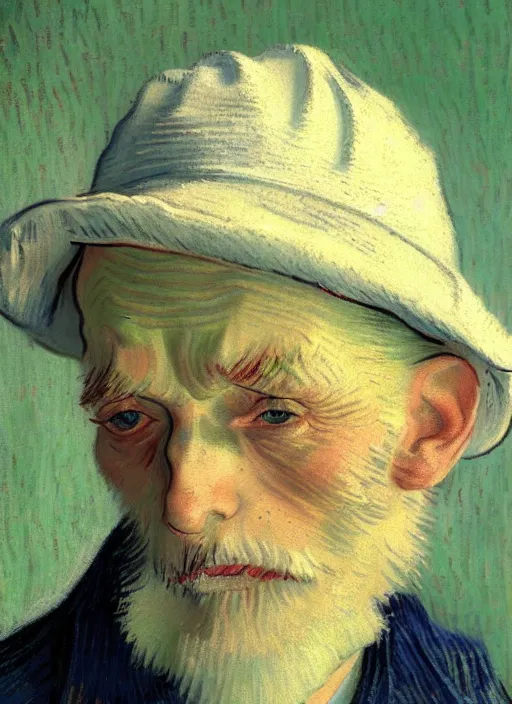 Image similar to portrait of a very old sailor with white hair and hat, asleep, detailed realism face in painting, detailed beautiful portrait, expressionist oil painting masterpiece, 8 k resolution, smooth, sharp focus, pastel color palette, trending on artstation, by van gogh