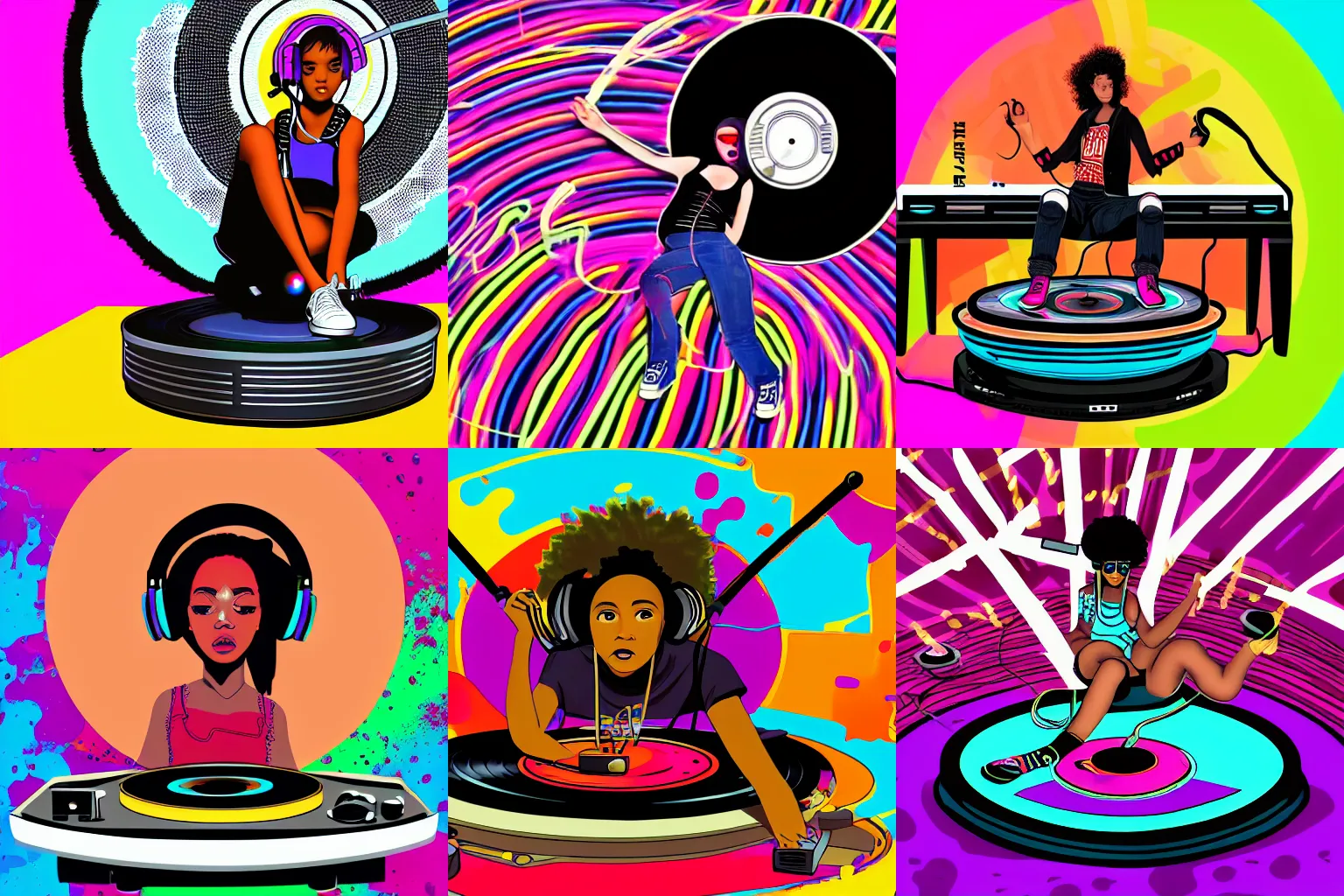 Prompt: a punk teen black girl wearing headphones plugged in and lying on top of a giant record player, weirdcore, bizarre, beautiful, colorful background, digital art