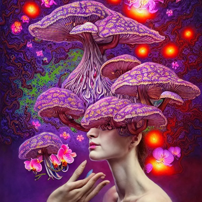 Prompt: extremely psychedelic brain made of orchid and cherry blossom tree and mushroom, LSD brain, diffuse lighting, fantasy, intricate, elegant, highly detailed, lifelike, photorealistic, digital painting, artstation, illustration, concept art, smooth, sharp focus, art by John Collier and Albert Aublet and Krenz Cushart and Artem Demura and Alphonse Mucha