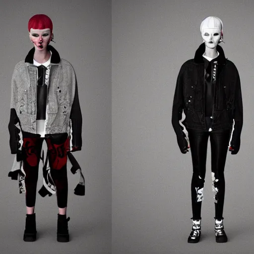 Image similar to isabel marant spring summer streetwear collection, fashion show, in the style of grand chamaco and pedro conti and stanley kubrick, inspired by die antwoord, photorealistic, epic, super technical, 3 d render