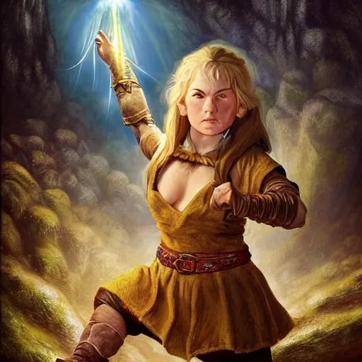 Image similar to full body portrait of a female halfling hobbit monk fistfighter, hallucinating a holy vision of her goddess of mist and light, flowing robes and leather armor, detailed dynamic light painting by albrecht anker