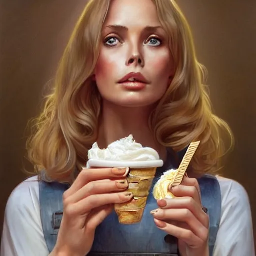 Image similar to portrait of a blonde fuller figured barbara bach from the bond film wearing dungarees and eating ice creams in porto, real life skin, intricate, elegant, highly detailed, artstation, concept art, smooth, sharp focus, art by artgerm and greg rutkowski and alphonse mucha