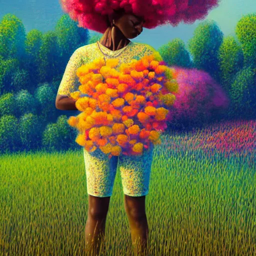 Prompt: large flowers afro, girl standing in a field with flowers, surreal photography, hills, big trees, sunrise dramatic light, impressionist painting, colorful clouds, digital painting, pointillism, artstation, simon stalenhag