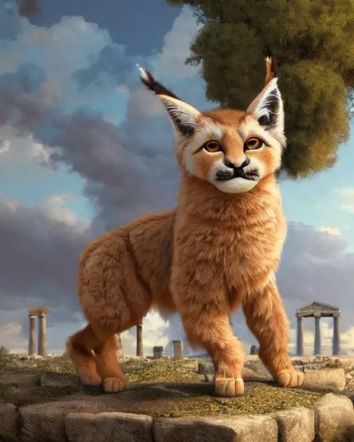 Image similar to fullbody photo of humanoid cute fluffy caracal dressed in toga, sun behind him, ancient greek city, sunny day, by ilya kuvshinov, rtx rendering, octane render 1 2 8 k, maya, extreme high intricate details by tom bagshaw, medium shot, composition by sana takeda, lighting by greg rutkowski