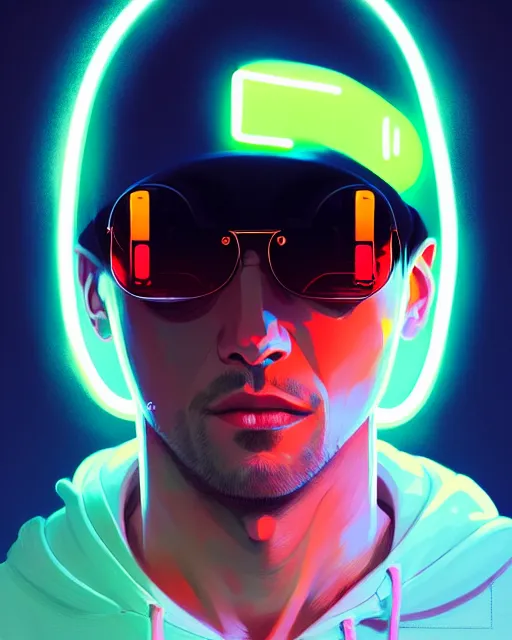 Prompt: neo - noir art style, hyper - realistic detailed portrait of a man in a hoodie, with neon visor, dynamic pose, symmetrical background, by atey ghailan, by greg rutkowski, by greg tocchini, by james gilleard, by joe fenton, by kaethe butcher, sharp focus