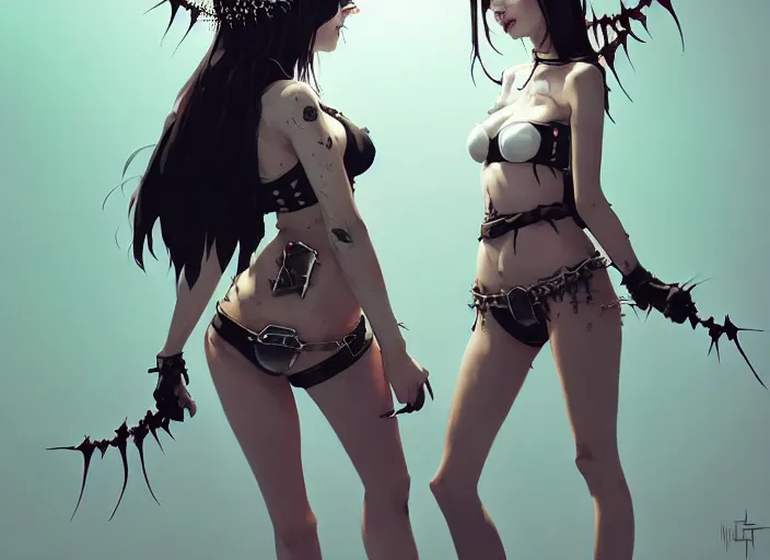 Image similar to portrait of two cute goth maiden girls with crown of thorns and white short hairs, dressed in belts bikini, warhammer, cyberpunk, by atey ghailan, by greg rutkowski, by greg tocchini, by james gilleard, by joe gb fenton, by kaethe butcher, dynamic lighting, gradient light blue, brown, blonde cream and white color in scheme, grunge aesthetic
