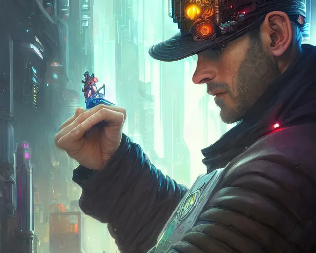 Image similar to man wearing a cyberpunk hat, deep focus, d & d, fantasy, intricate, elegant, highly detailed, digital painting, artstation, concept art, matte, sharp focus, illustration, hearthstone, art by artgerm and greg rutkowski and alphonse mucha