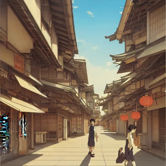 Prompt: empty japanese city, summer, in the style of studio ghibli, j. c. leyendecker, greg rutkowski, artem