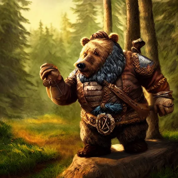 Prompt: Dwarf Woodsman riding Bear Companion, RPG Portrait Full Body, Oil Painting, Trending on Artstation, octane render, Insanely Detailed, 8k, HD