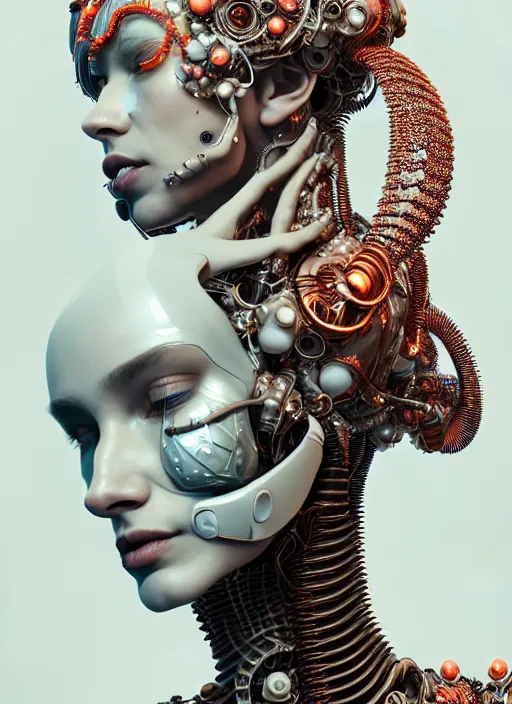 Image similar to portrait of an absurdly beautiful, graceful, sophisticated, fashionable cyberpunk mechanoid, hyperdetailed illustration by irakli nadar and alexandre ferra, intricate linework, white porcelain skin, faberge, fractal, coral headdress, unreal engine 5 highly rendered, global illumination, radiant light, detailed and intricate environment