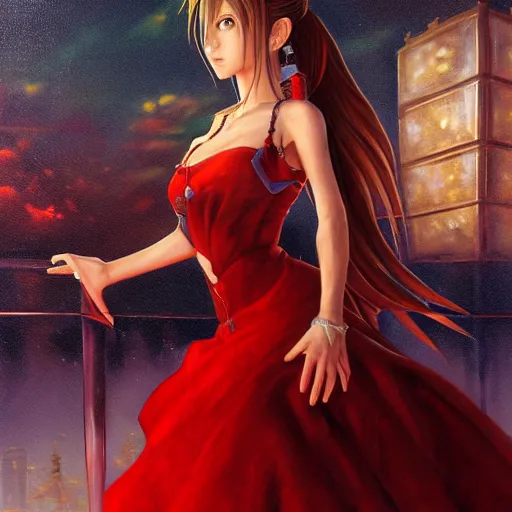 Prompt: oil painted portrait of aerith gainsborough from from final fantasy 7 in her signature red dress with the steam punk city midgard as backdrop, by master artist yoshitaka amano trending on artstation