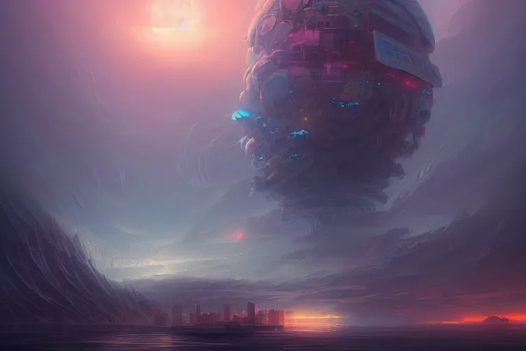 Prompt: Colossal island city floating in the clouds, cyber future city, sunrise, surrealism, peter mohrbacher, artstation, ross tran